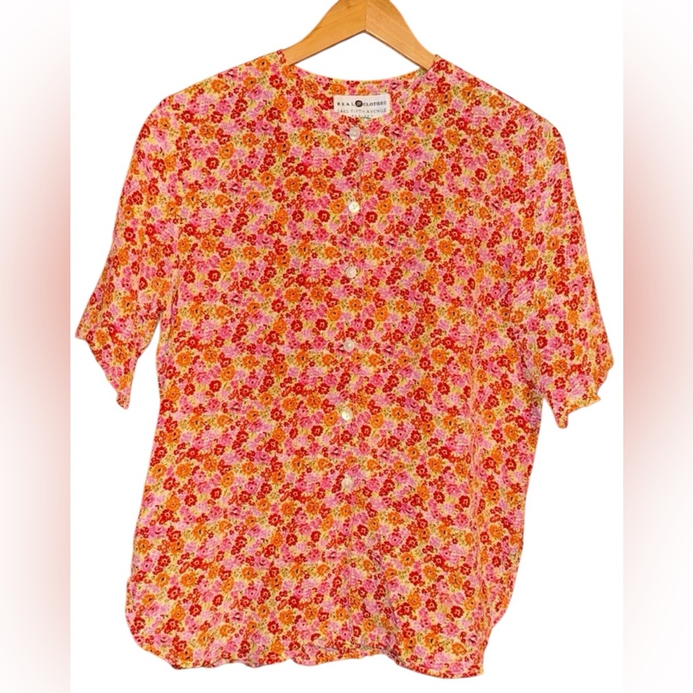 •SAKS FIFTH AVENUE•COLORFUL FLORAL 100% SILK BUTTON UP BLOUSE SIZE PETITE SMALL